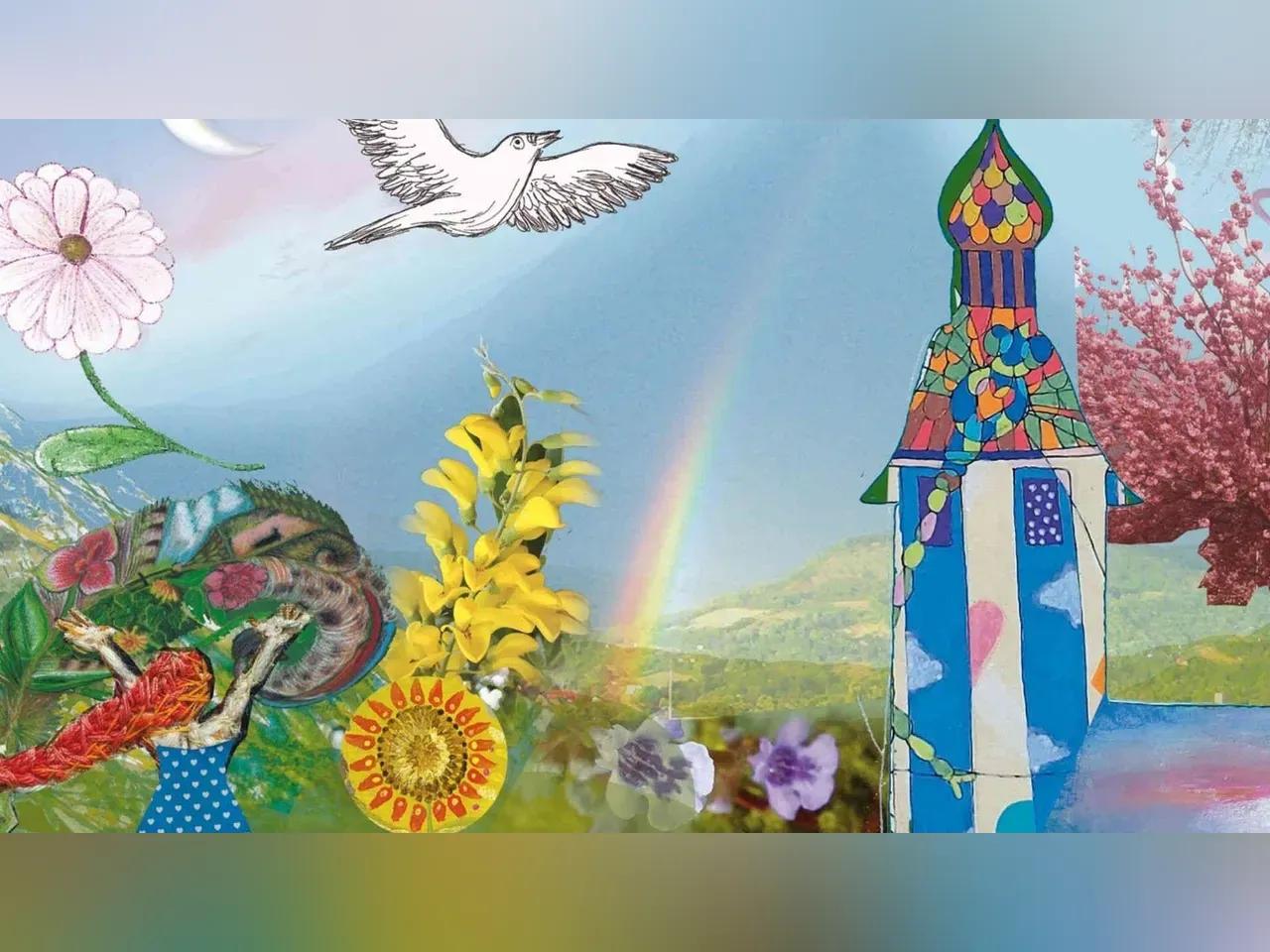 Collage mit Blumen, Vögeln, einem Kirchturm und anderen Elementen