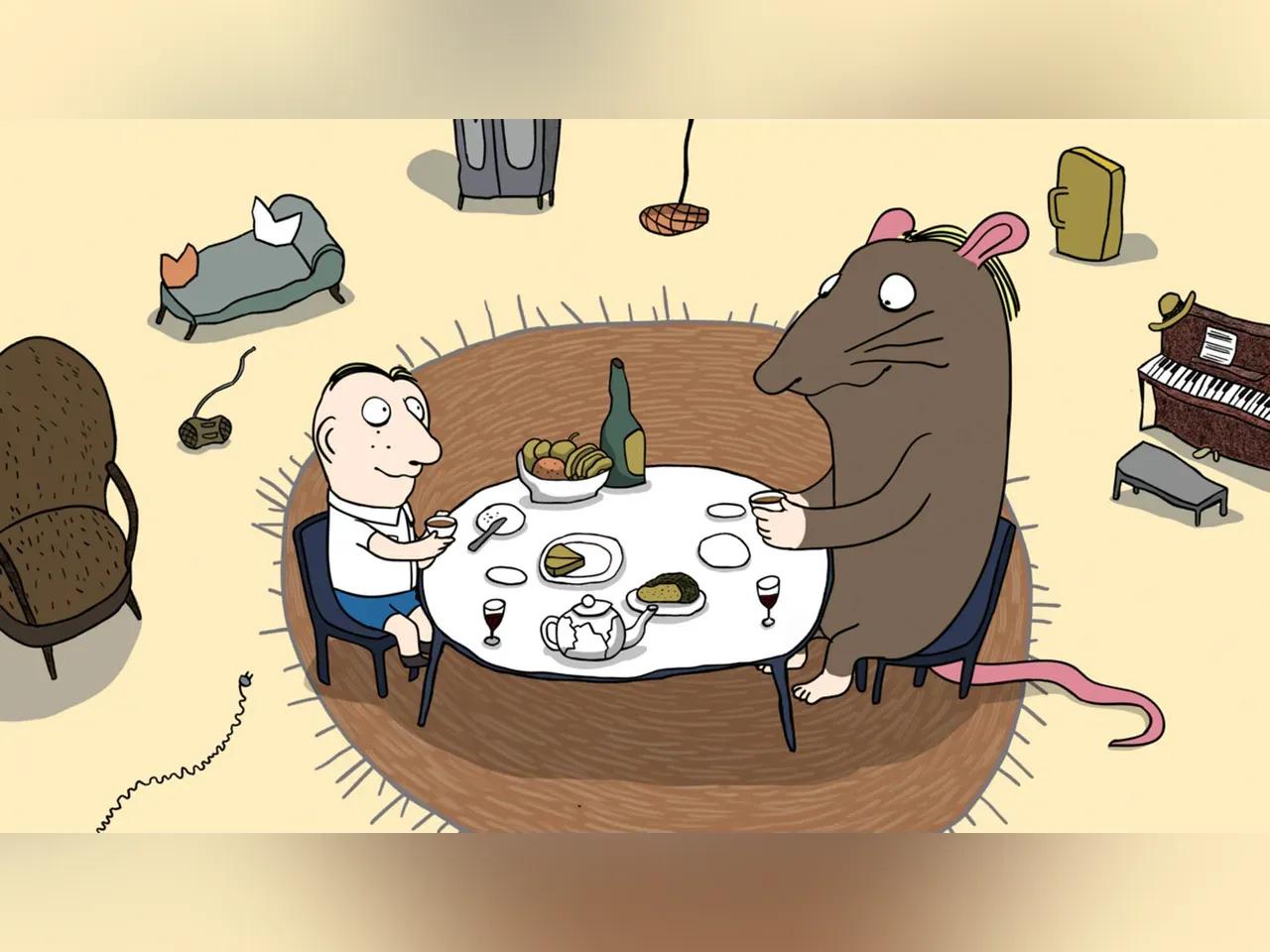 Illustration von einer Maus und einem Jungen, sie sitzen gemeinsam am Tisch und trinken etwas.
