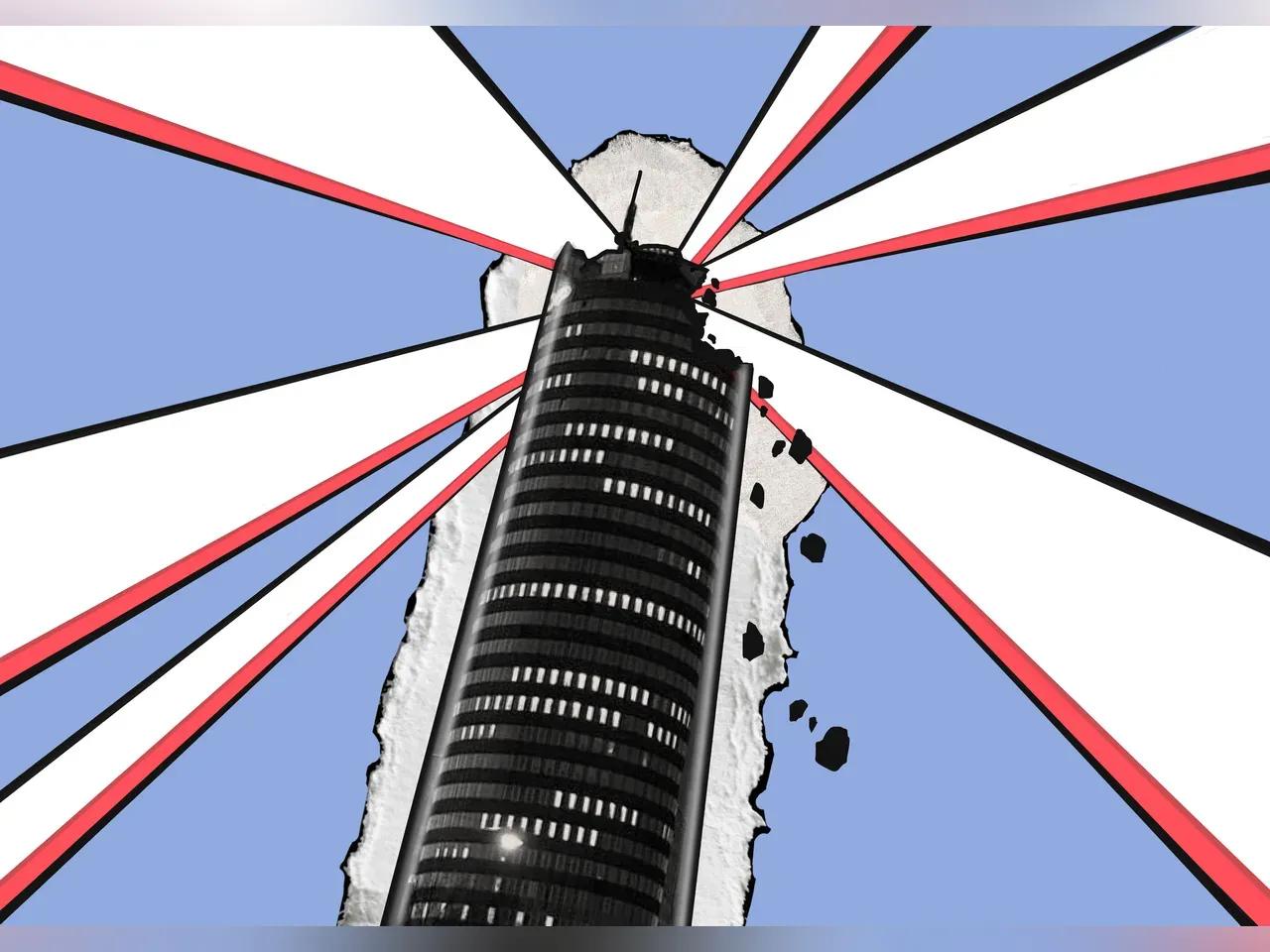 Grafik mit dem JenTower und Strahlen, die das Bild durchziehen