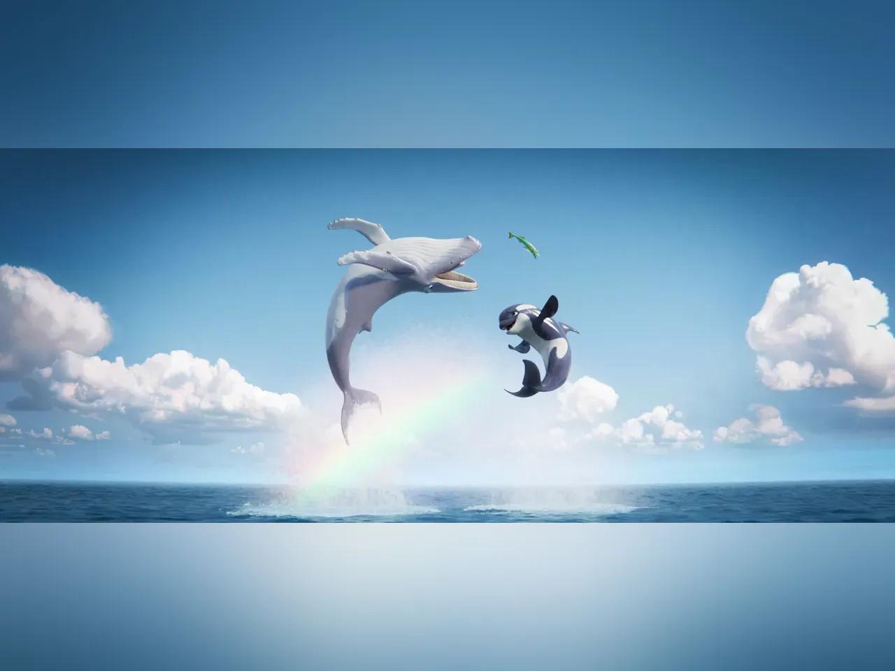 Ein Wal und ein Delfin springen aus dem Meer und schauen sich gegenseitig in der Luft an.