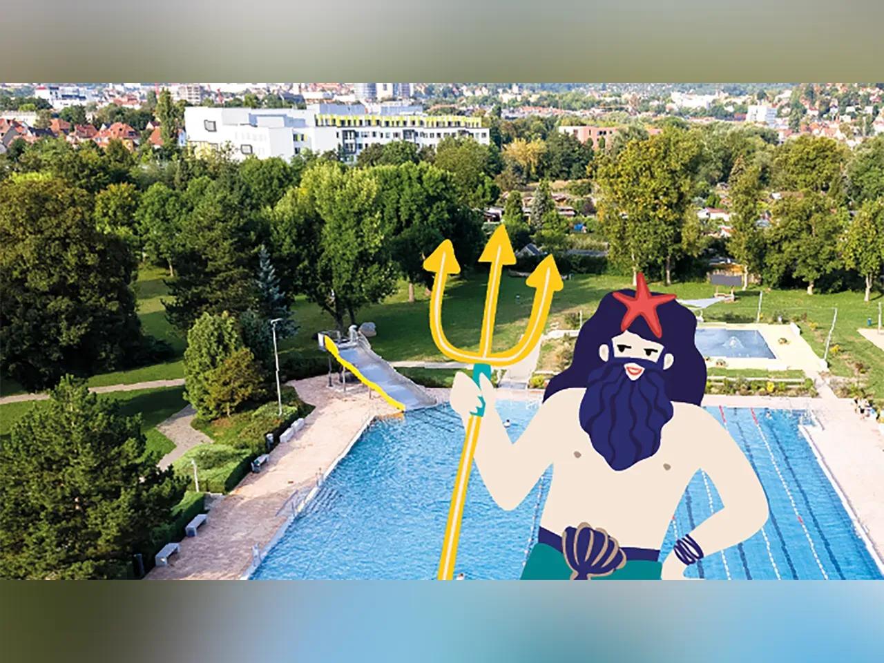 Bildcollage mit einem Bild vom Freibad und einem gemalten Neptun im Vordergrund