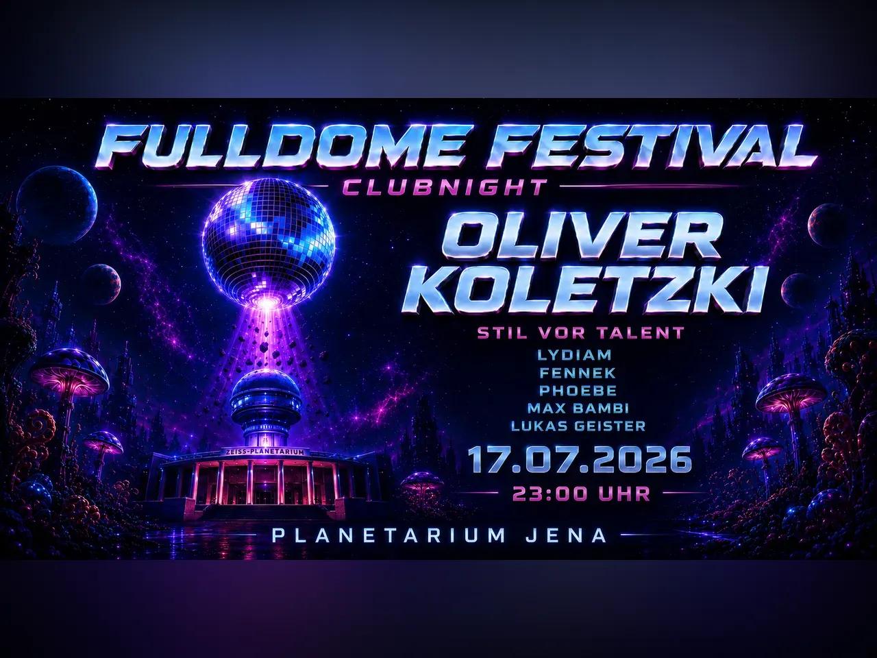 Planetarium wird von einer Discokugel hoch gebeamt und taucht in eine kosmisch-psychedelische Welt ein, Logo des Festivals und DJ Lineup