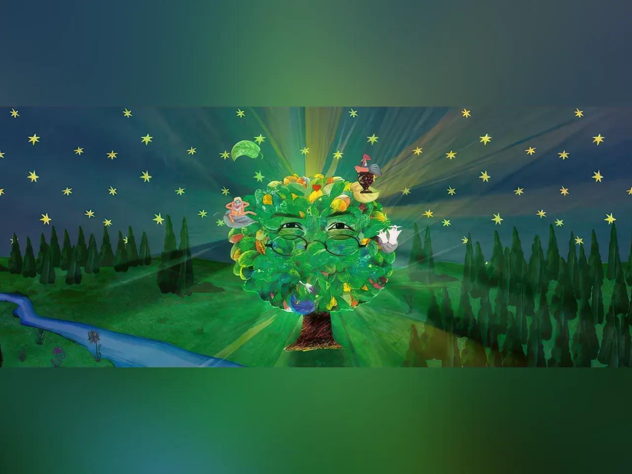 Animierter Traumzauberbaum vor einer grünen Landschaft bei Nacht&nbsp;
