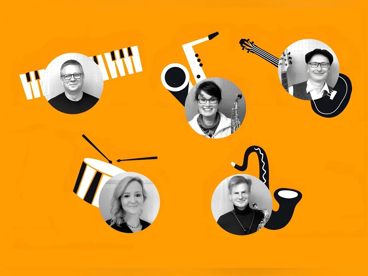 Grafik mit den Musiker:innen und gemalten Instrumenten