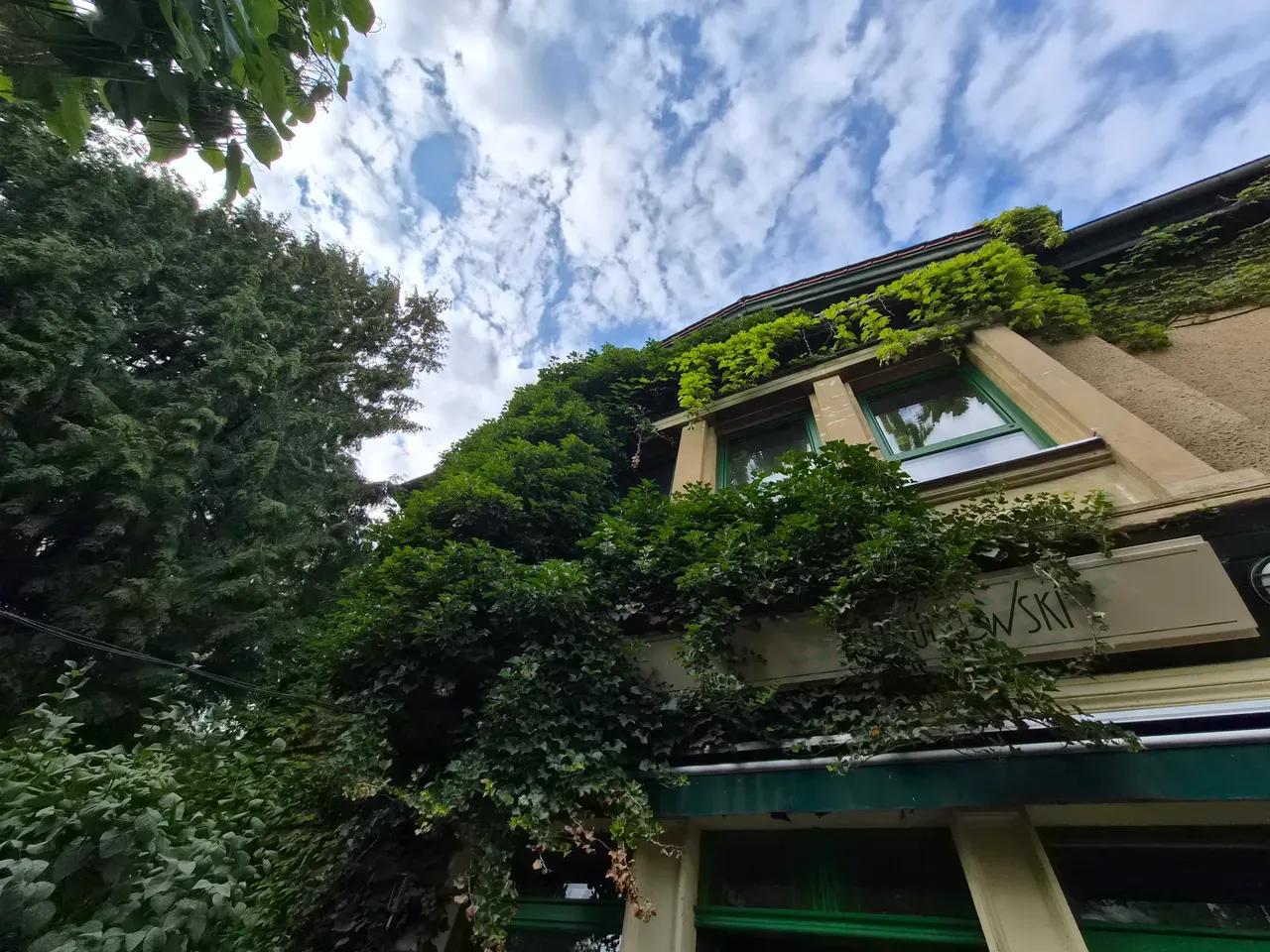Außenansicht des Café Grünowski mit blauem Himmel